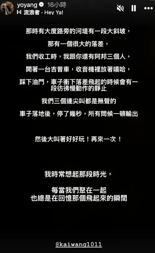 ▲楊祐寧回憶與王凱的互動。（圖／翻攝自IG@yoyang）