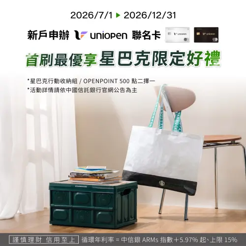 ▲新戶申辦uniopen聯名卡，核卡30天內首刷享星巴克行動收納組或500點OPENPOINT二擇一。（圖／7-11提供）