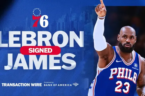 ▲41歲的超級巨星詹姆斯（LeBron James）正式決定以2年800萬美元的合約加盟費城76人。（圖／翻攝自NBA官網）