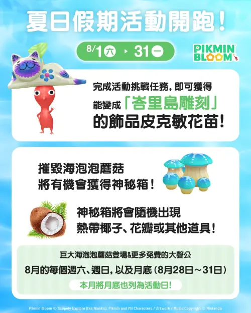 ▲《Pikmin Bloom》8月推出「巴厘島雕刻飾品皮克敏」，主題蘑菇為「泡泡蘑菇」。（圖／《Pikmin Bloom》提供）
