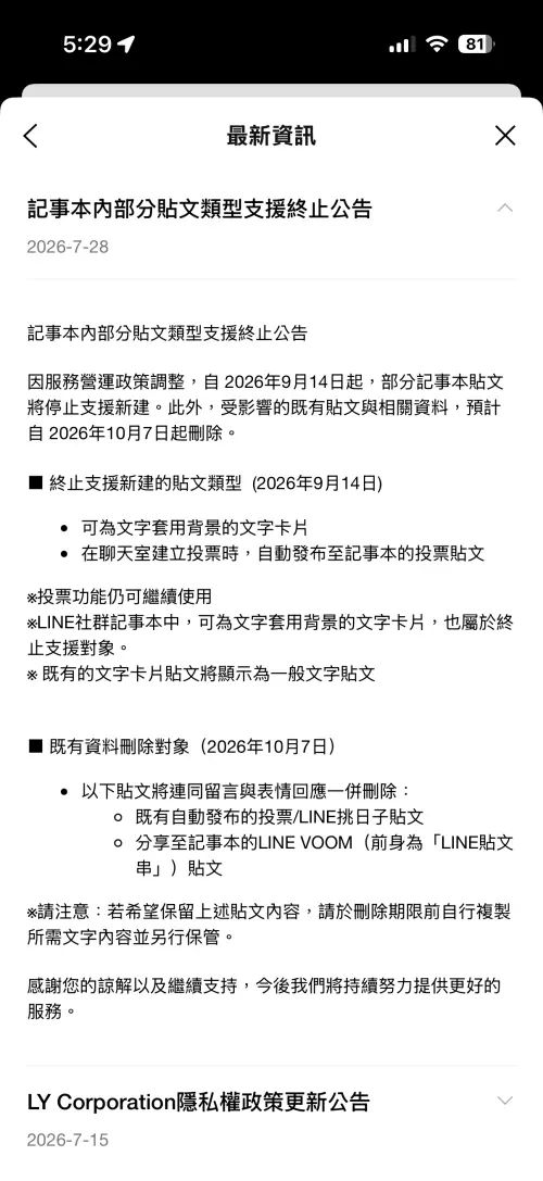 ▲LINE今（28）日發布最新公告，9月14日起記事本將停止支援「文字卡片」及「投票自動發布貼文」。（圖／翻攝官網）