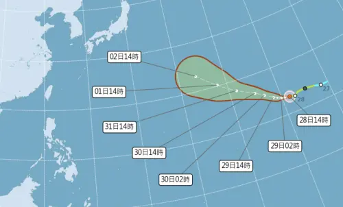 ▲白海豚颱風今（28）日升級中颱，明（29）日有望挑戰強颱，路徑朝西北往日本前進。（圖／中央氣象署cwa.gov.tw）