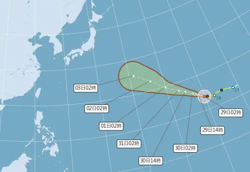 ▲白海豚颱風持續增強，今（29）日白天就有機會升格強颱。（圖／中央氣象署cwa.gov.tw）
