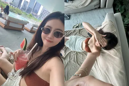 ▲周曉涵表示，出國行程不一定要排好排滿，在飯店泳池喝杯果汁、一邊欣賞都市風景也是不錯的選擇。（圖／周曉涵IG＠ilove7388）