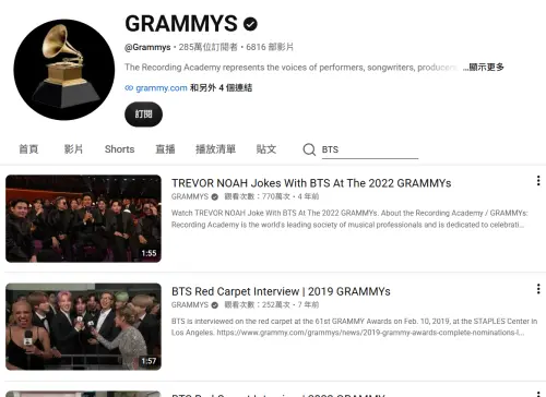 ▲現在到葛萊美獎YouTube搜尋BTS，只能找到他們受訪的片段，沒有表演舞台的影片了。（圖／翻攝自YouTube＠GRAMMYS）