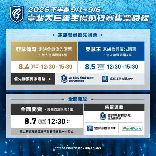 ▲富邦悍將2026年臺北大巨大主場門票售票時程。（圖／富邦悍將提供）