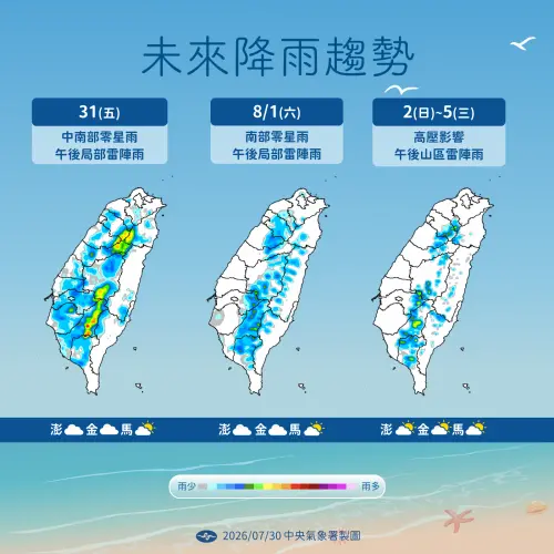 ▲8月2日台灣水氣變少，僅山區要留意午後雷陣雨。（圖／中央氣象署cwa.gov.tw）