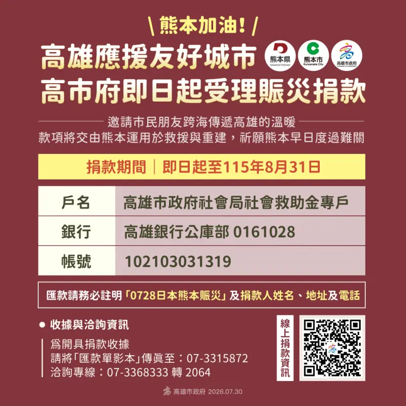    ▲「高雄市政府社會局社會救助金專戶」即日起受理各界賑災捐款，款項將直接交給熊本縣廳、熊本市政府來運用。（圖／高雄市府提供）  