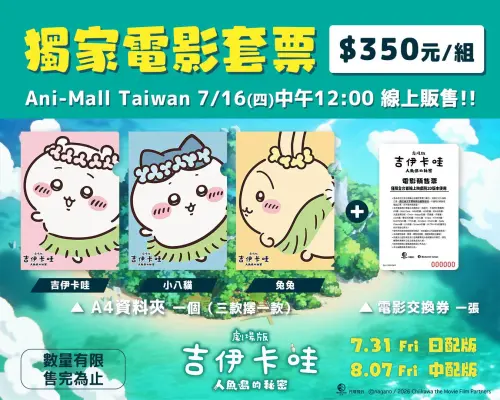 ▲Ani-Mall Taiwan推出350元電影套票，內含電影交換券1張，並可從吉伊卡哇、小八貓及兔兔三款A4資料夾中擇一收藏。（圖／翻攝自羚邦）