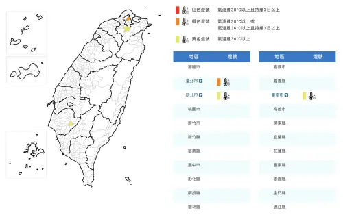 ▲氣象署針對台北市發布高溫橙色36燈號，中午前後有機會出現連續36度高溫。（圖／中央氣象署cwa.gov.tw）
