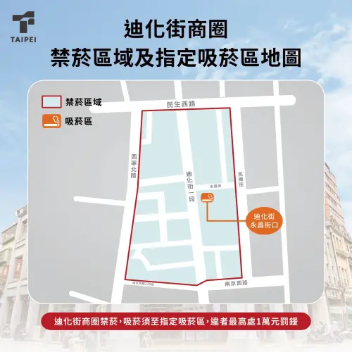 ▲迪化街商圈禁菸區域及指定吸菸區地圖。（圖／取自台北市衛生局）