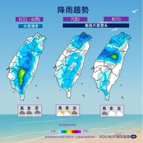 ▲8月7日開始，台灣受到白海豚外圍環流影響，開始有雨勢。（圖／中央氣象署cwa.gov.tw）