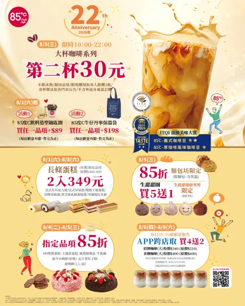 ▲85度C慶祝22周年慶，8月5日當天上午10時至晚間10時期間，大杯咖啡系列第2杯30元。（圖／業者提供）