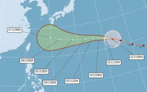 ▲白海豚颱風暴風半徑已經擴大到320公里，未來路徑會先接近琉球群島，再朝台灣北部海面移動。（圖／中央氣象署cwa.gov.tw）