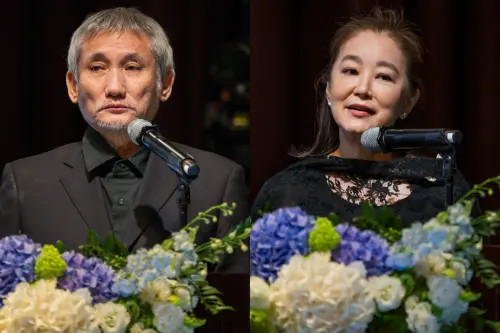 ▲施南生追思會上，前夫徐克（左圖）、好友林青霞（右圖）都依序上台致詞。（圖／電影工作室提供）