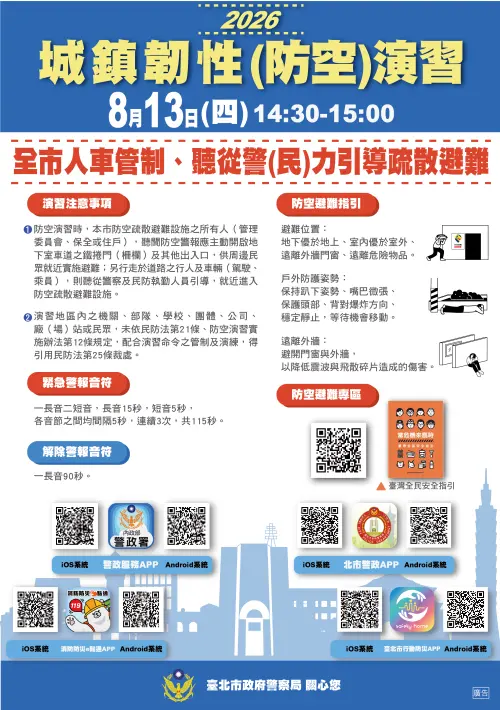 ▲台北市2026城鎮韌性(防空)演習將在8月13日（星期四）14時30分至15時舉行，北捷也公布了演習期間注意事項。（圖／台北捷運）