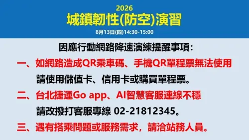 ▲由於演習納入行動網路降速演練，如因行動網路降速造成QR乘車碼、手機QR單程票無法使用，請改用儲值卡、信用卡或購買單程票。（圖／台北捷運）
