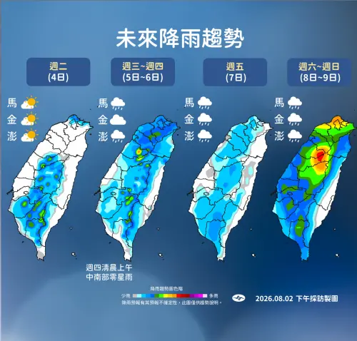 ▲中央氣象署今（2）日發布未來一週降雨趨勢。（圖／中央氣象署cwa.gov.tw）