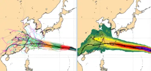 ▲最新（2日20時）歐洲（ECMWF ）模式系集模擬顯示，5天之後各別模擬路徑如麻花一般、分散度也加大，都還要持續觀察。（圖/洩天機教室）