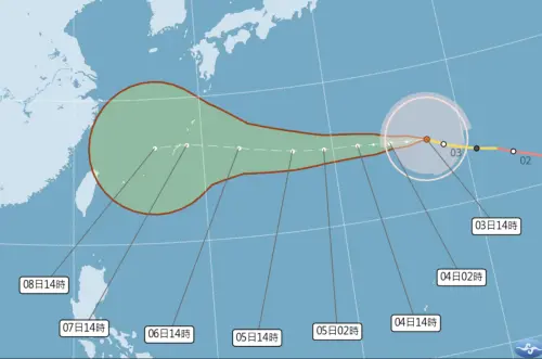 ▲白海豚颱風路徑預估會持續往西，周五通過沖繩附近，周六開始路徑不確定性高。（圖／中央氣象署cwa.gov.tw）