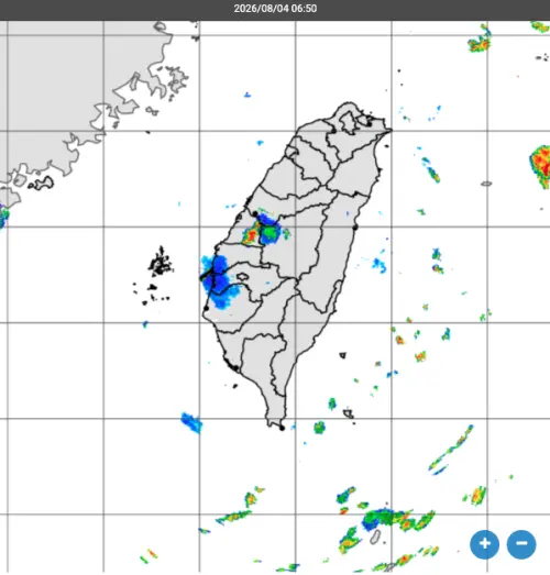 ▲今天各地仍以午後雷陣雨為主，北部山區及基隆北海岸整天有零星降雨，中南部清晨也有局部降雨機會。（圖／中央氣象署cwa.gov.tw/）