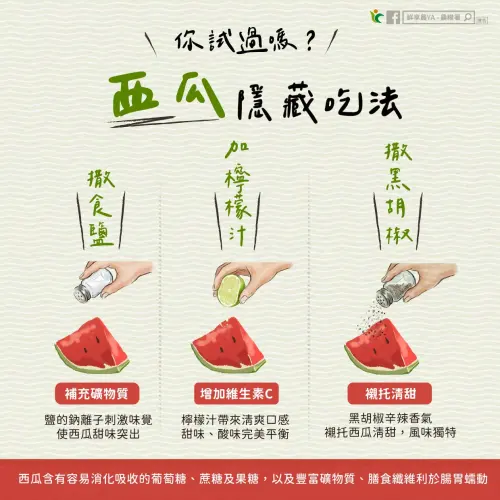 ▲西瓜除了直接品嚐，農糧署也推薦3種隱藏版吃法，包括撒鹽、淋檸檬汁及撒黑胡椒，其中黑胡椒能以淡淡辛香襯托西瓜甜味，意外引發網友熱烈討論。（圖／臉書粉專「鮮享農YA - 農糧署」）