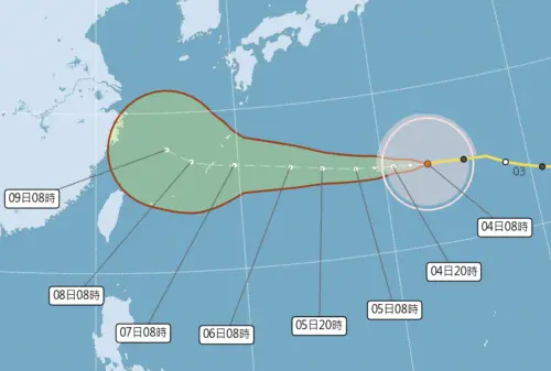 ▲白海豚颱風路徑持續往西，周五會逐漸通過琉球附近，隨後移動到台灣北部海面。（圖／中央氣象署cwa.gov.tw）
