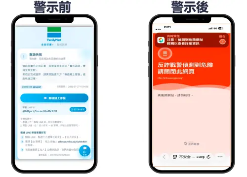 ▲台灣大哥大的民眾端詐騙網站警示前後對照。（圖／數位發展部提供）