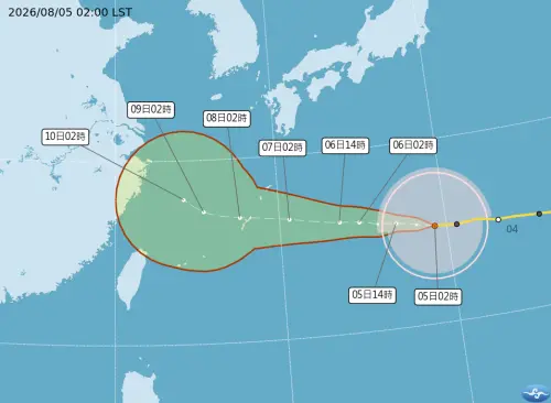 ▲白海豚颱風8月5日凌晨2時路徑潛勢預報。（圖／中央氣象署cwa.gov.tw）