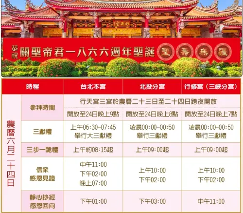 ▲台北行天宮三宮恭祝關聖帝君誕辰，跨夜開放與大三獻禮等儀式時程表。（圖／翻攝行天宮官網）