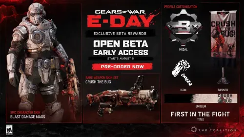 ▲《戰爭機器：事變日》公開 Beta 限定獎勵，包括角色造型、武器造型組、獎章、旗幟、徽章及稱號等內容。（圖／翻攝自《戰爭機器》）