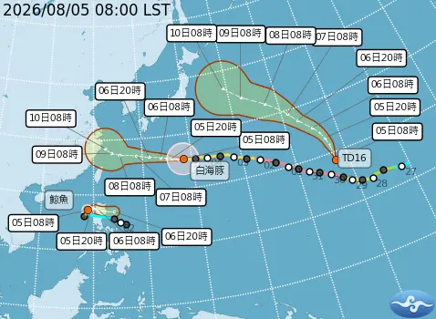 ▲白海豚颱風持續朝夕，周末帶來降雨，鯨魚颱風很快會減弱，昌鴻颱風周末前有機會生成。（圖／中央氣象署cwa.gov.tw）
