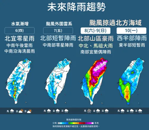 ▲周五起白海豚颱風開始掃雨，周末兩天台中以北要注意大雨、豪雨。（圖／中央氣象署cwa.gov.tw）
