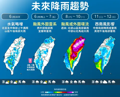 ▲周五起白海豚颱風開始掃雨，周末兩天台中以北要注意大雨、豪雨。（圖／中央氣象署cwa.gov.tw）