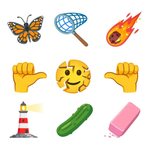 ▲ Emoji 18.0有燈塔（LIGHTHOUSE）、隕石（METEOR）、橡皮擦（ERASER）、捕網（NET WITH HANDLE）、帝王斑蝶（MONARCH BUTTERFLY）、酸黃瓜（PICKLE）、瞇瞇眼（Face With Squinting Eyes）、左右比讚（THUMB SIGN）等9款Emoji。（圖／Emojipedia）