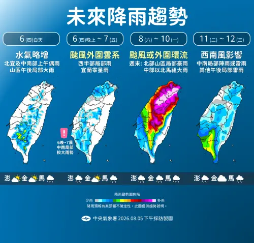 ▲中央氣象署今（5）日發布未來降雨趨勢圖，週六、週日台灣中北部及馬祖將有局部大雨發生。（圖／中央氣象署cwa.gov.tw）
