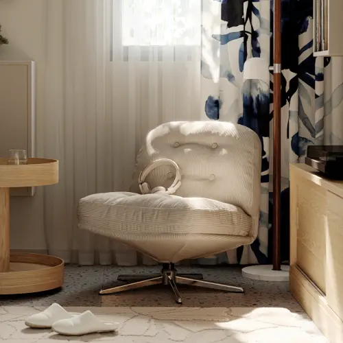▲IKEA 經典「DYVLINGE 旋轉休閒椅」推出全新米色，低座設計與圓潤椅身能讓全身自然放鬆，售價 4,999 元。（圖／IKEA提供）