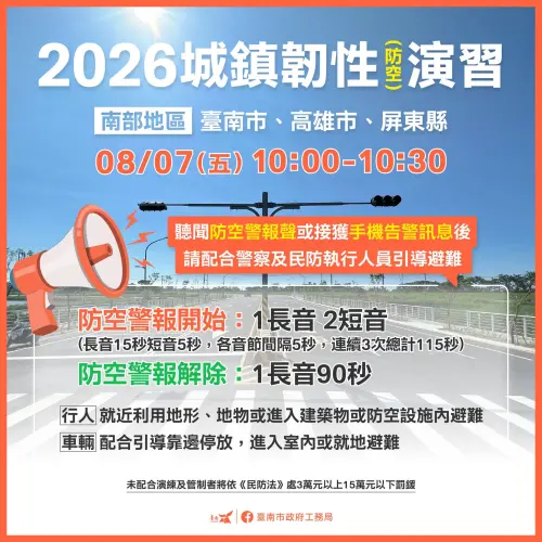 ▲今（7）日防空演習登場，台南、高雄與屏東地區垃圾車於上午 10 時至 10 時 30 分暫停清運半小時。（圖／臺南市政府提供）