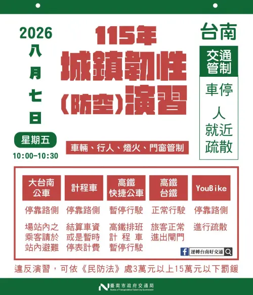 ▲8月7日南部地區城鎮韌性防空演習，30分鐘管制規定一次看。（圖／台南市政府交通局）