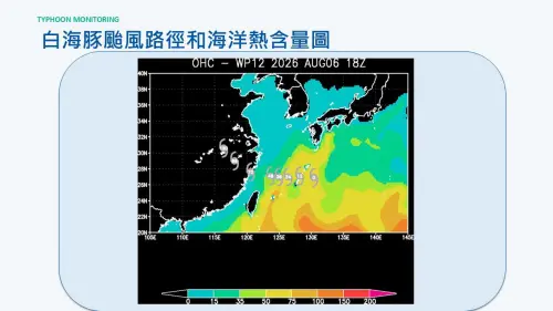 ▲白海豚未來行經路徑的海溫較低，強度會逐漸減弱，暴風圈也會縮小。（圖／賈新興提供）