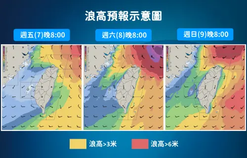 ▲白海豚颱風周末影響期間，各沿海要注意2至6公尺以上浪高。（圖／中央氣象署cwa.gov.tw）