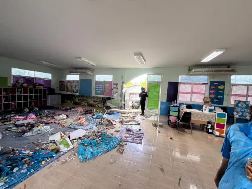 ▲泰國北碧府一家幼兒園今天中午遭到失控轎車衝撞進室內，現場一片狼籍。（圖／翻攝自Rattanavudh Foundation的臉書）