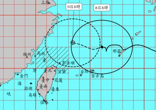 ▲白海豚颱風強度略微減弱，今（8）日進入台灣北部海域，路徑整體還是持續西行，往福建、浙江方向移動，本島應該不會發布陸警。（圖／中央氣象署cwa.gov.tw）