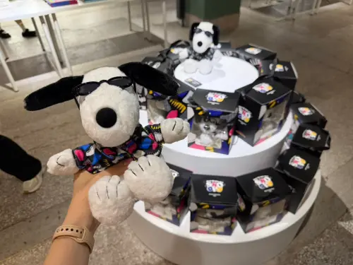 ▲史努比戴上墨鏡、換上潮流服裝，推出限定造型絨毛玩偶，成為現場吸睛商品之一。（圖／記者林若瑋攝）