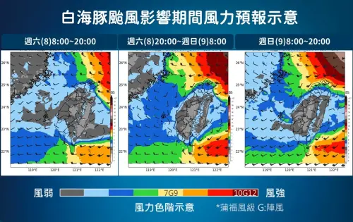 ▲今晚至明天白天，白海豚颱風將替台灣沿海地區，帶來9至10級強陣風。（圖／中央氣象署cwa.gov.tw）