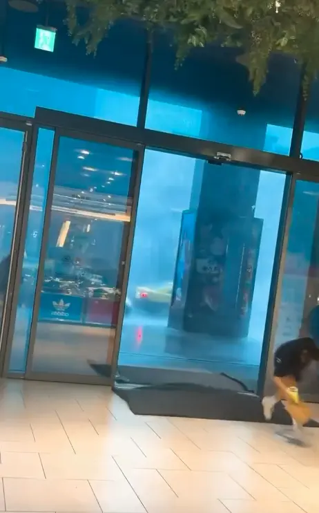 ▲▼樹林秀泰影城外出現狂風暴雨，民眾倉皇躲避，室內花車也遭強風吹動，畫面彷彿在逃難。（圖／翻攝自Threads@mu418110）