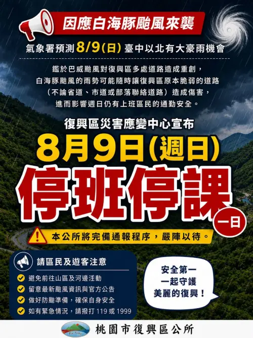 ▲白海豚颱風雨勢可能隨時讓復興區的原本脆弱的道路造成傷害，進而影響到週日仍有上班區民的通勤安全，復興區災害應變中心宣佈8月9日週日復興區停班停課一日。（圖／桃園市復興區公所）