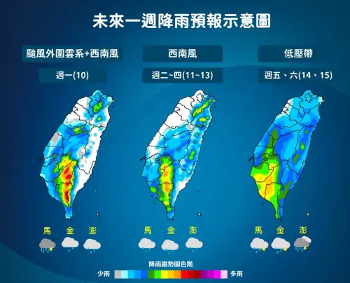 ▲白海豚颱風遠離後，台灣未來一周還會接續受到西南風、低壓帶等影響。（圖／中央氣象署cwa.gov.tw）