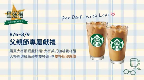 ▲星巴克父親節咖啡優惠開喝。（圖／星巴克starbucks.com.tw）