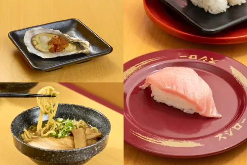 ▲左起：帶殼蒸牡蠣130元、和歌山 豚骨醬油拉麵140元，極上鮪魚大腹優惠價40元。（圖／壽司郎sushiro.com.tw）